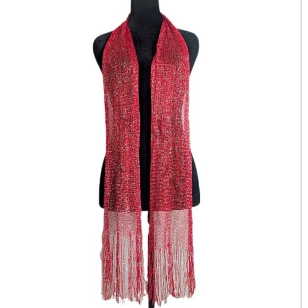 Vintage Y2K Mediterranean Summer Red Sparkle Knitted Skinny Fringe Scarf